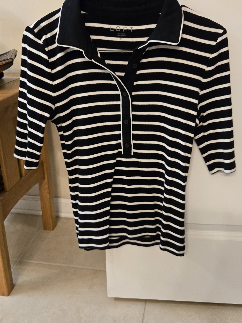 LOFT Black and White Striped Polo Shirt